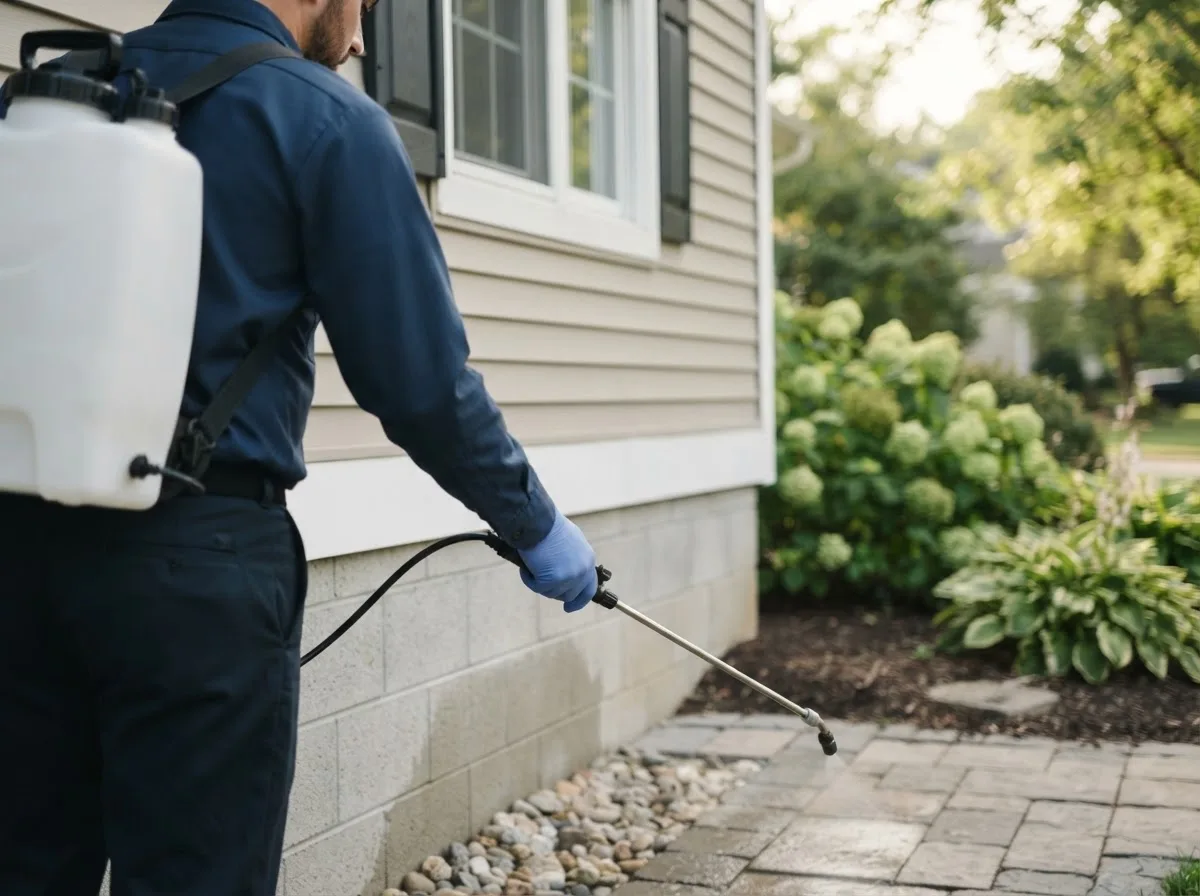 Pest control technician inspecting a home in Conklin, NY